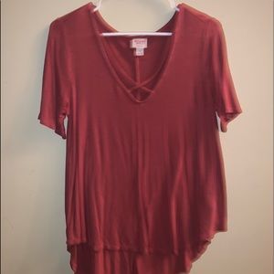 v neck cross burnt orange flowy top